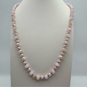 Long Glass Beaded Necklace 32.5–35” Gold Tone Faceted Blush Pink